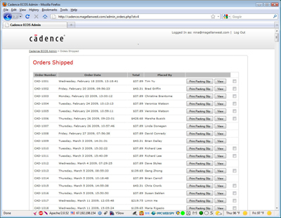 Cadence ECOS shipped orders admin overview
