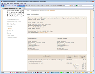 EGPAF order confirmation page